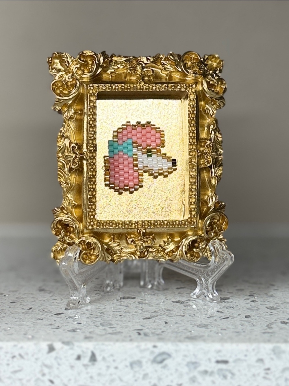 Handmade Beaded Poodle Mini Frame, Ornate Gold, Magnet + Easel